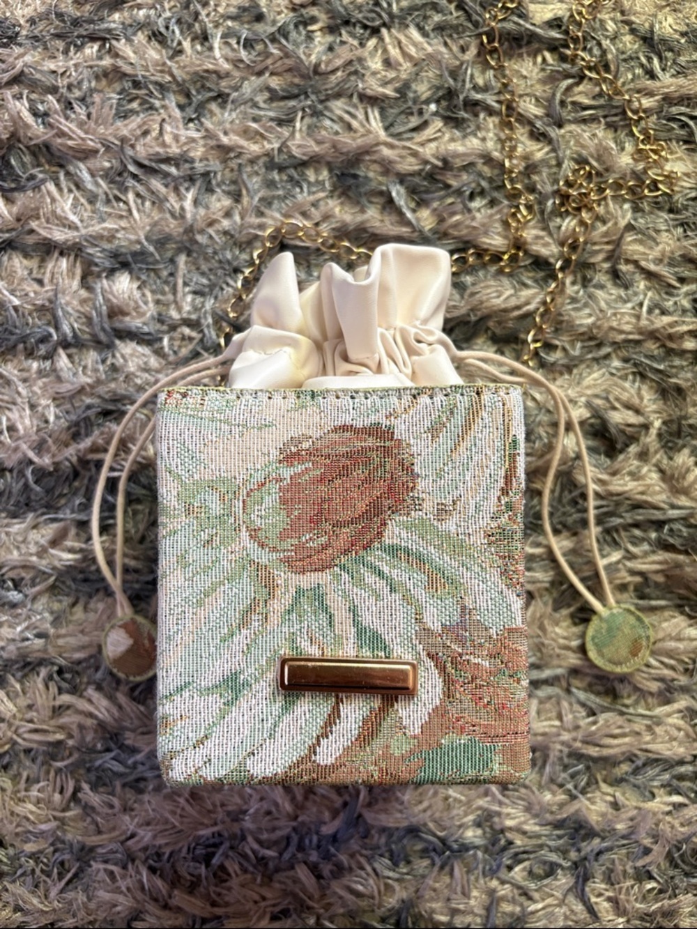 New Floral Tapestry Drawstring Mini Box Bag in Cream Brown and Green - Picture 1 of 12